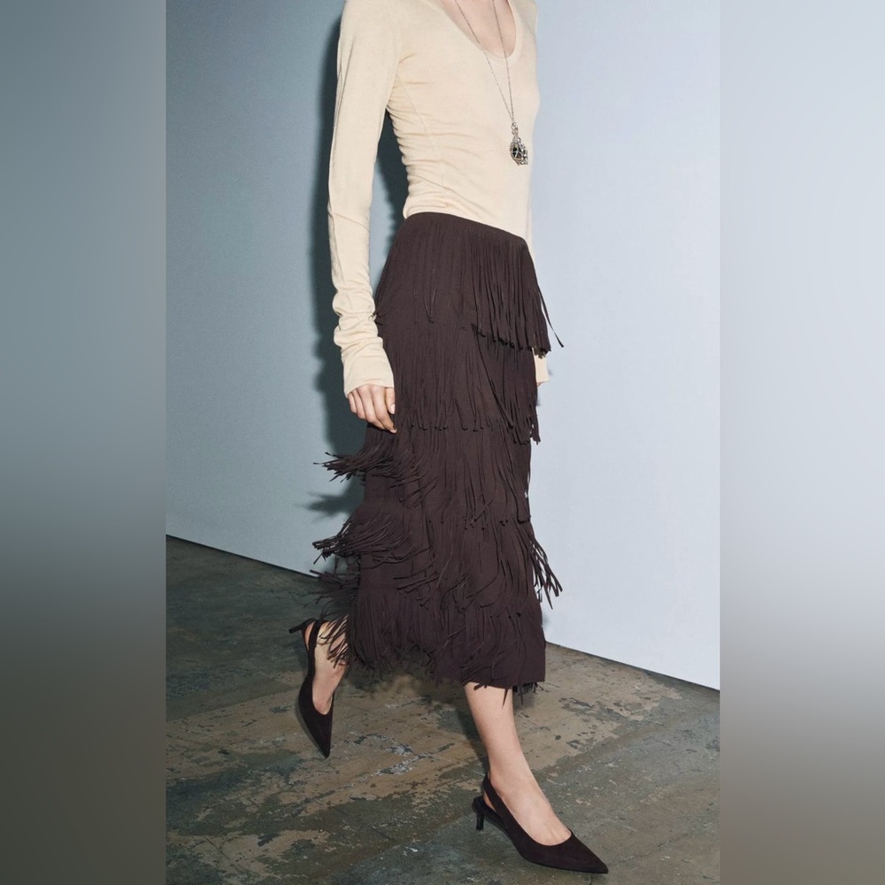 NWT • Zara Brown Fringe Midi Skirt